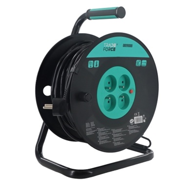 Enrouleur de câble 25 mètres caoutchouc 3G1.5mm² 4 prises 2P+T avec sécurité et volet 16A/230V IP44 Garant Tradeforce