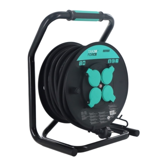 Enrouleur de câble 25 mètres caoutchouc (professionnel) 3G2.5mm² 4 prises 2P+T avec sécurité et volet 16A/230V IP44 Garant Tradeforce