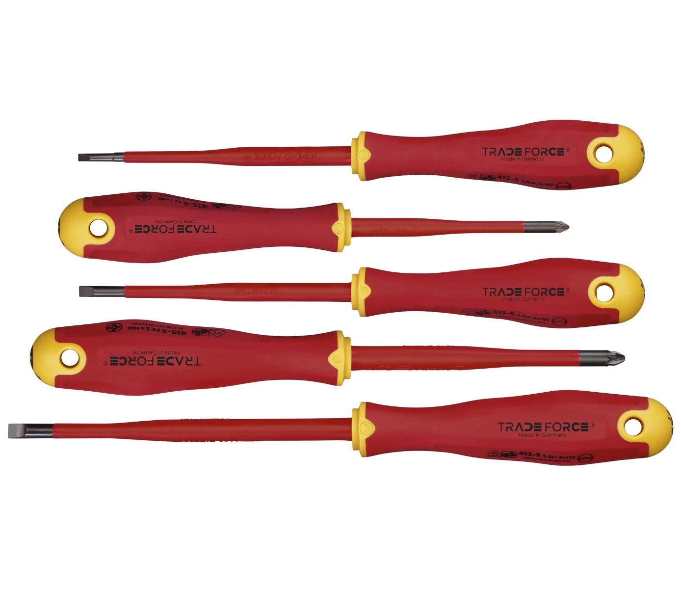 Jeu de 5 tournevis isolés 1000V - Plats 3/4/5,5 & PZ1/PZ2 Slim design Tradeforce