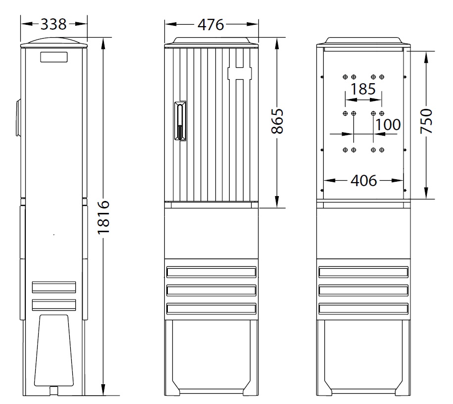 Armoire de trottoir type EH3 DIN 00 pour 1 module 25D60 avec socle et platine L=476 x P=338 x H=865/1816mm agréée Ores & Resa KM471 UESA