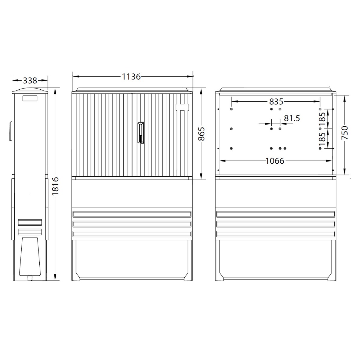 Armoire de trottoir type EH3 DIN 2 pour 4 modules 25D60 avec socle et platine L=1136 x P=338 x H=865/1816mm KM476 UESA